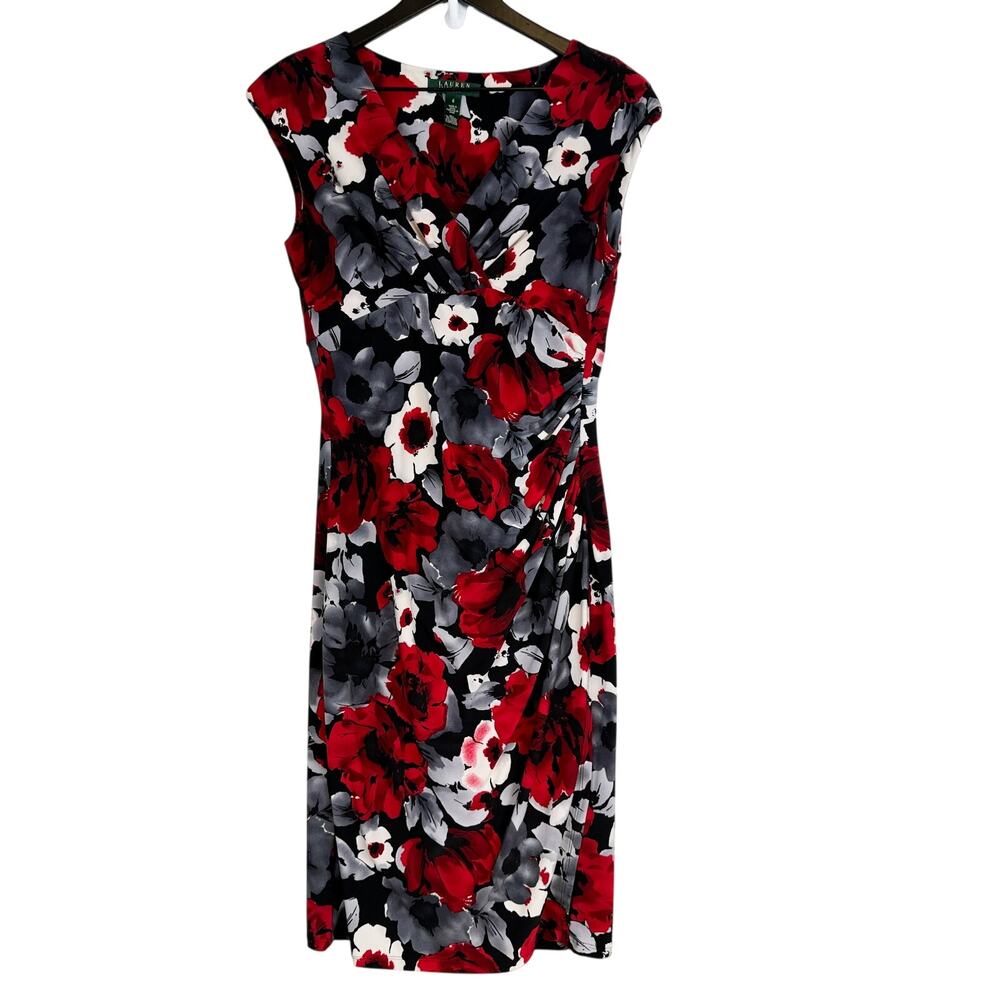 Lauren Ralph Lauren Ruched Bodycon Sheath Dress Red Gray Floral Stretchy - 6